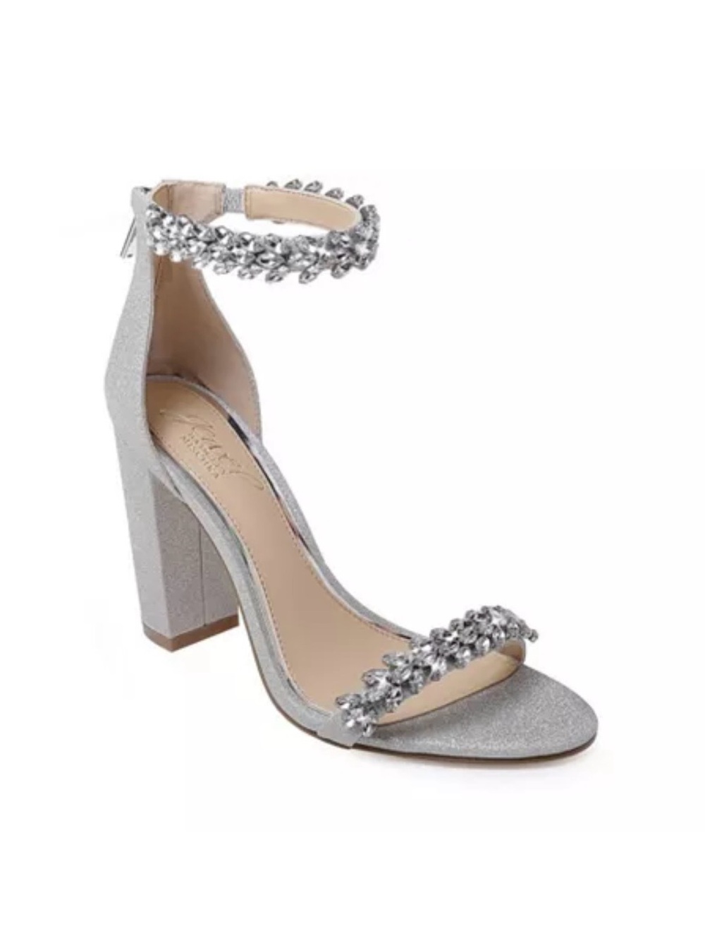 Jewel Badgley Mischka Silver Crystal-Ankle Block Heel Sandals